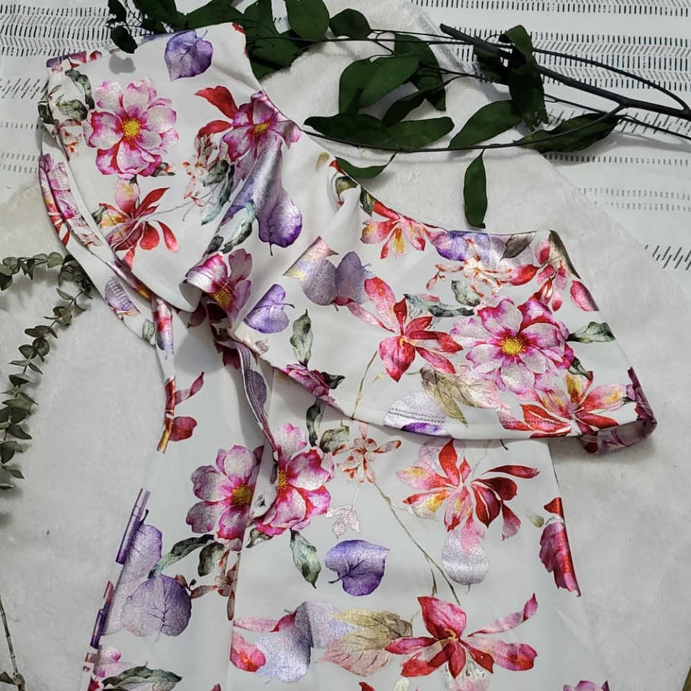FLOWER PRINT ONE SHOULDER RUFFLE MIDI DRESS - Picture 2 of 3